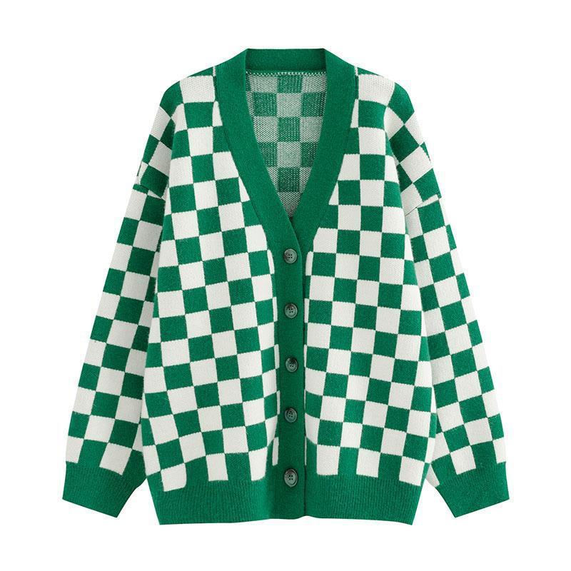 Women's Fashion Checkerboard Sweater Coat Cardigan Just NoNy