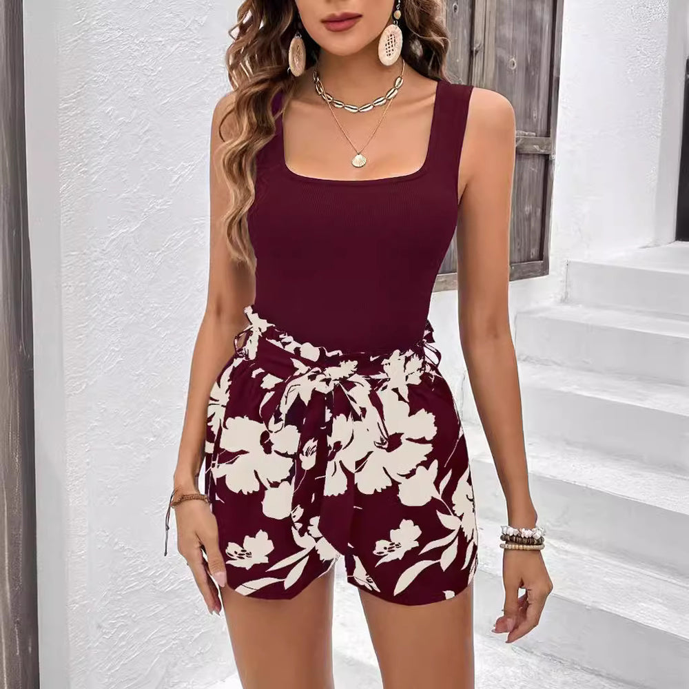 Ribbed Vest Floral Print Shorts Casual Suit Just NoNy