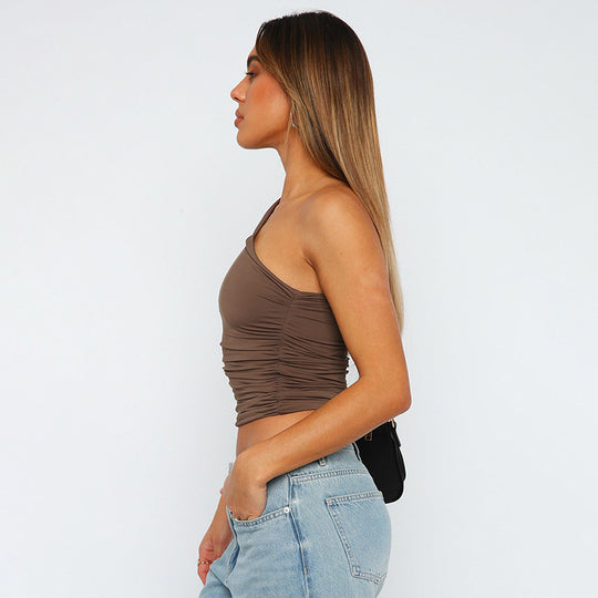 Solid Color One-shoulder Backless Pleated sexy Vest Top