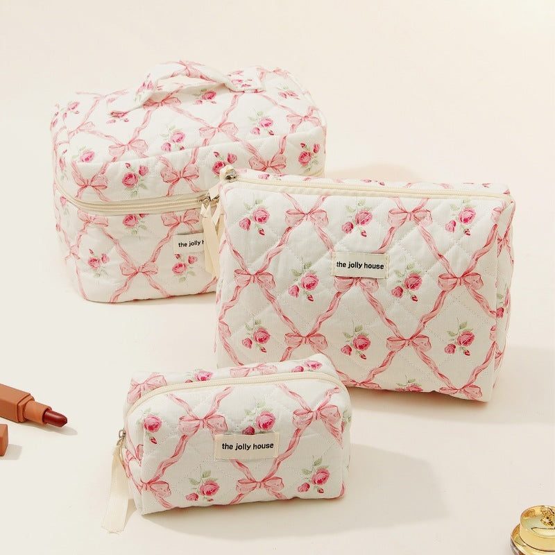 Large Capacity Bow Pattern Cotton Makeup Bag -justnony