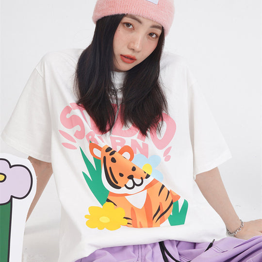 Cute Tiger Cartoon Print ladies T-shirt-justnony