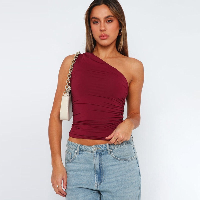 Solid Color One-shoulder Backless Pleated Vest Top Just NoNy