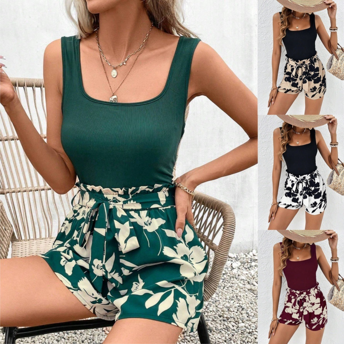 Ribbed Vest Floral Print Shorts Casual Suit Just NoNy