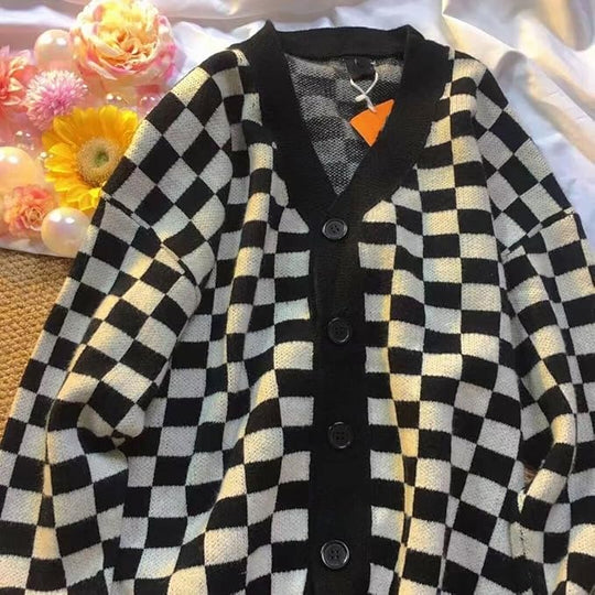 Women's Fashion Checkerboard Sweater Coat Cardigan