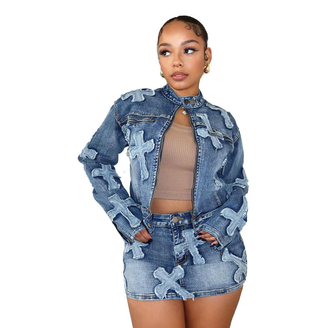 Women Embroidered Denim Jeans and Mini Skirt Set-justnony