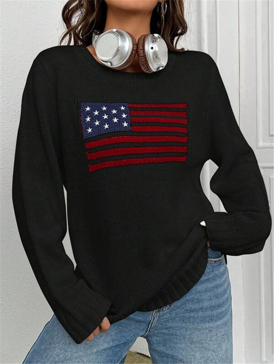 Women's Loose Round Neck American Flag Sweater Just NoNy