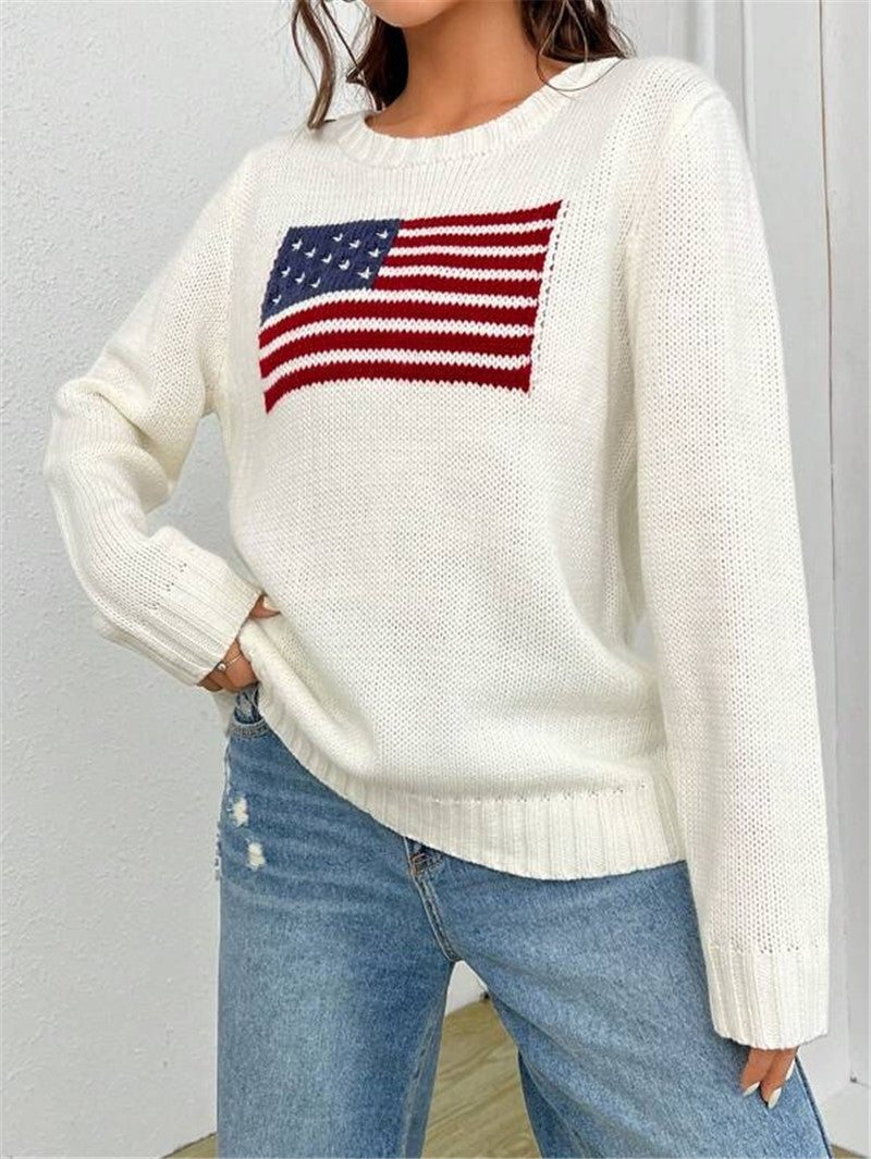 Women's Loose Round Neck American Flag Sweater Just NoNy