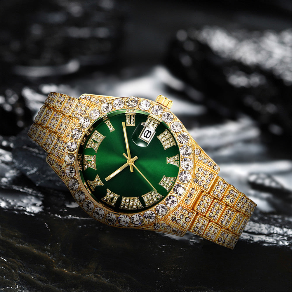 Hot Men's Steel Belt Hip Hop Roman Scale Diamond Quartz Watch Just NoNy