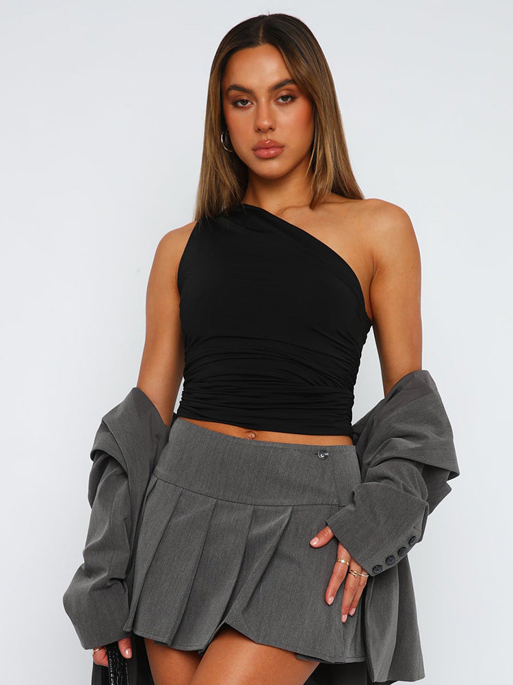 Solid Color One-shoulder Backless Pleated Vest Top Just NoNy